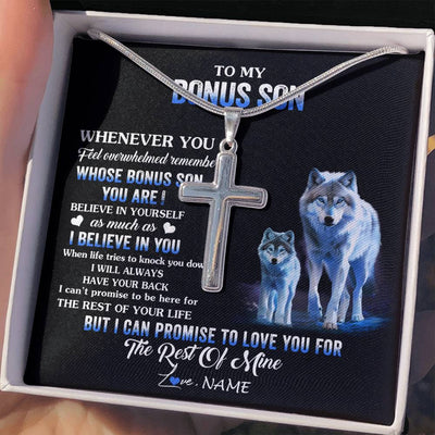 Stainless Cross Necklace Stainless Steel | 2 | Personalized To My Bonus Son Necklace From Stepdad Stepmom Whenever You Feel Wolf Stepson Birthday Gifts Graduation Christmas Customized Gift Box Message Card | teecentury