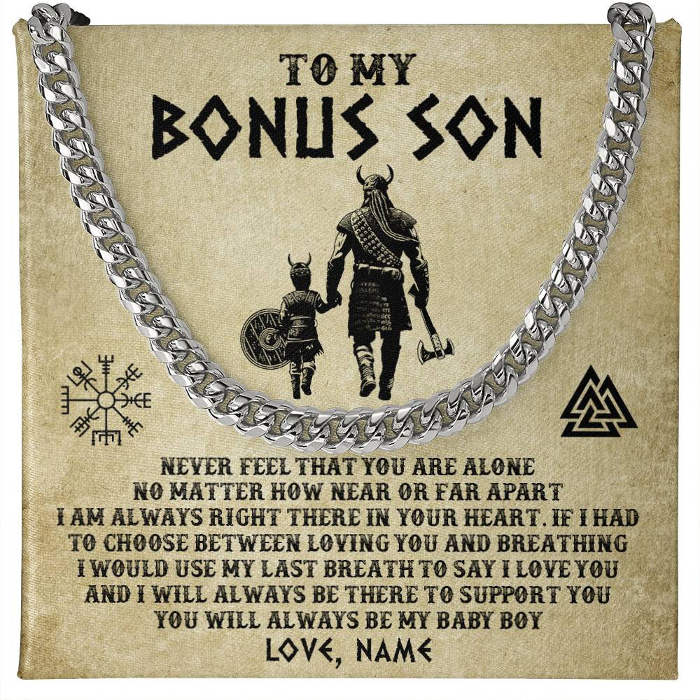Cuban Link Chain Necklace Stainless Steel | 1 | Personalized To My Bonus Son Necklace From Stepdad Viking Never Feel That You Are Alone Viking Stepson Birthday Gifts Christmas Jewelry Gift Box Message Card | teecentury