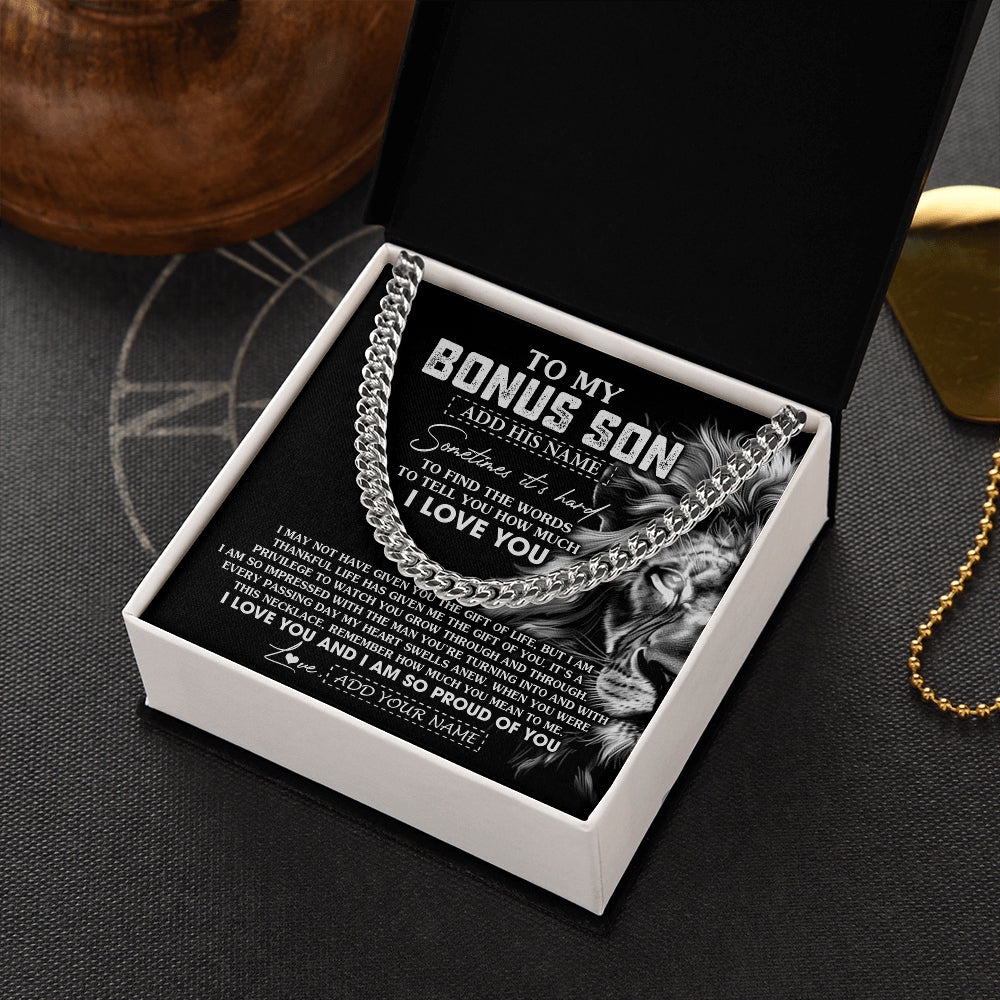 Cuban Link Chain Necklace Stainless Steel | 2 | Personalized To My Bonus Son Necklace From Stepfather Stepson Gifts From Stepmom Stepdad Lion Custom Birthday Christmas Graduation Gift Box Message Card | https://teecentury.