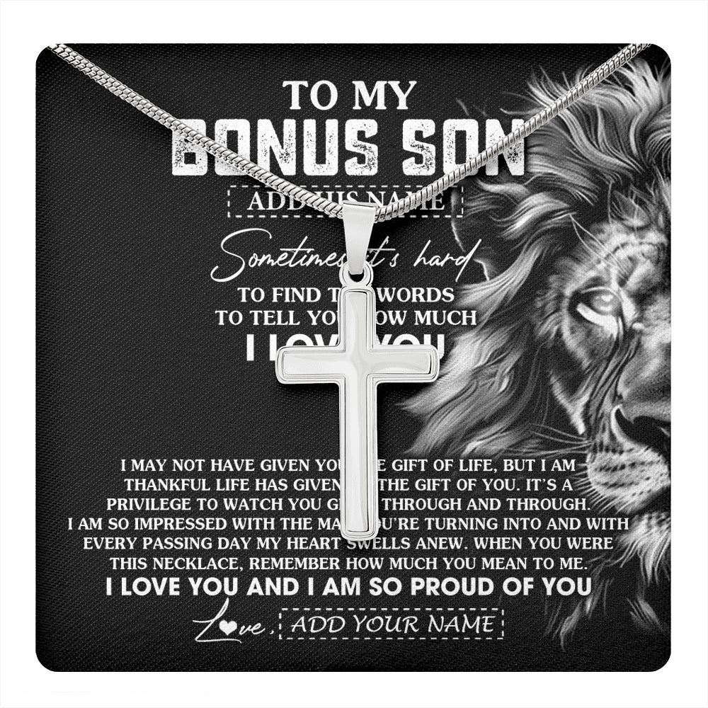 Stainless Cross Necklace Stainless Steel | 1 | Personalized To My Bonus Son Necklace From Stepfather Stepson Gifts From Stepmom Stepdad Lion Custom Birthday Christmas Graduation Gift Box Message Card | https://teecentury.