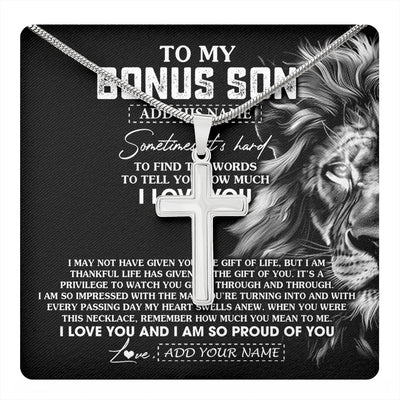 Stainless Cross Necklace Stainless Steel | 1 | Personalized To My Bonus Son Necklace From Stepfather Stepson Gifts From Stepmom Stepdad Lion Custom Birthday Christmas Graduation Gift Box Message Card | https://teecentury.