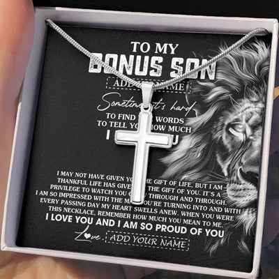 Stainless Cross Necklace Stainless Steel | 2 | Personalized To My Bonus Son Necklace From Stepfather Stepson Gifts From Stepmom Stepdad Lion Custom Birthday Christmas Graduation Gift Box Message Card | https://teecentury.