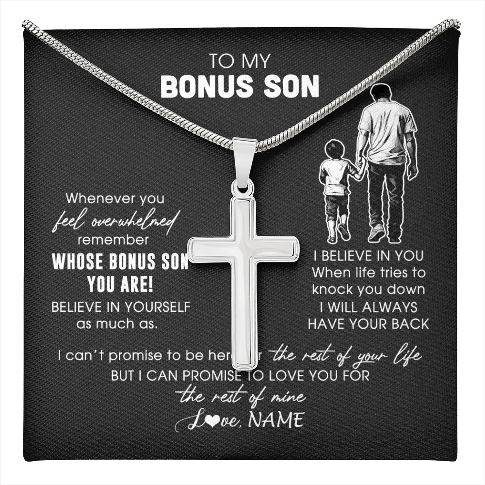 Stainless Cross Necklace Stainless Steel | 1 | Personalized To My Bonus Son Necklace From Stepfather Whenever You Feel Overwhelmed Stepson Jewelry Birthday Christmas Customized Gift Box Message Card | teecentury