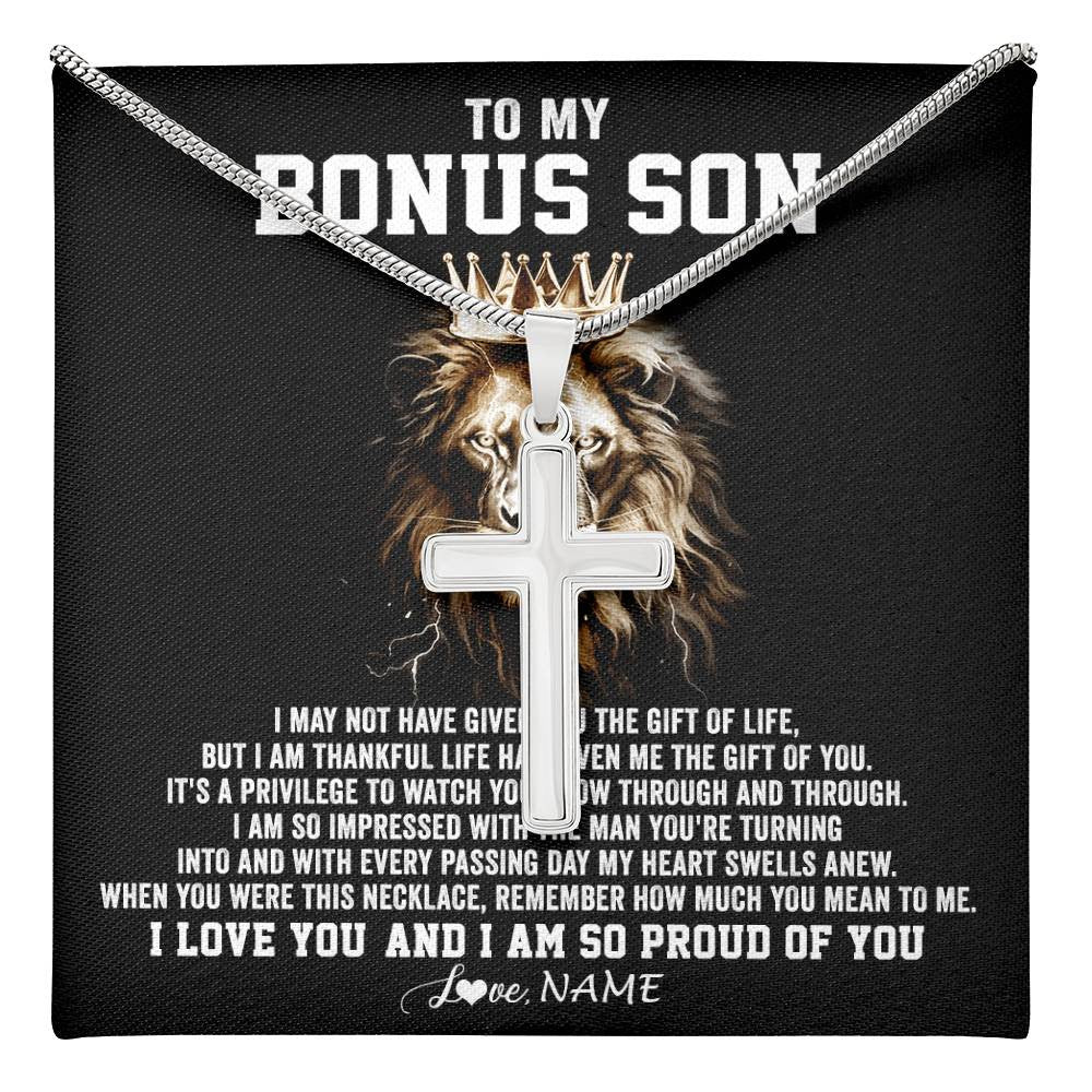Stainless Cross Necklace Stainless Steel | 1 | Personalized To My Bonus Son Necklace From Stepmom And Stepdad Proud Of You Stepson Birthday Gifts Gifts Graduation Christmas Customized Gift Box Message Card | teecentury