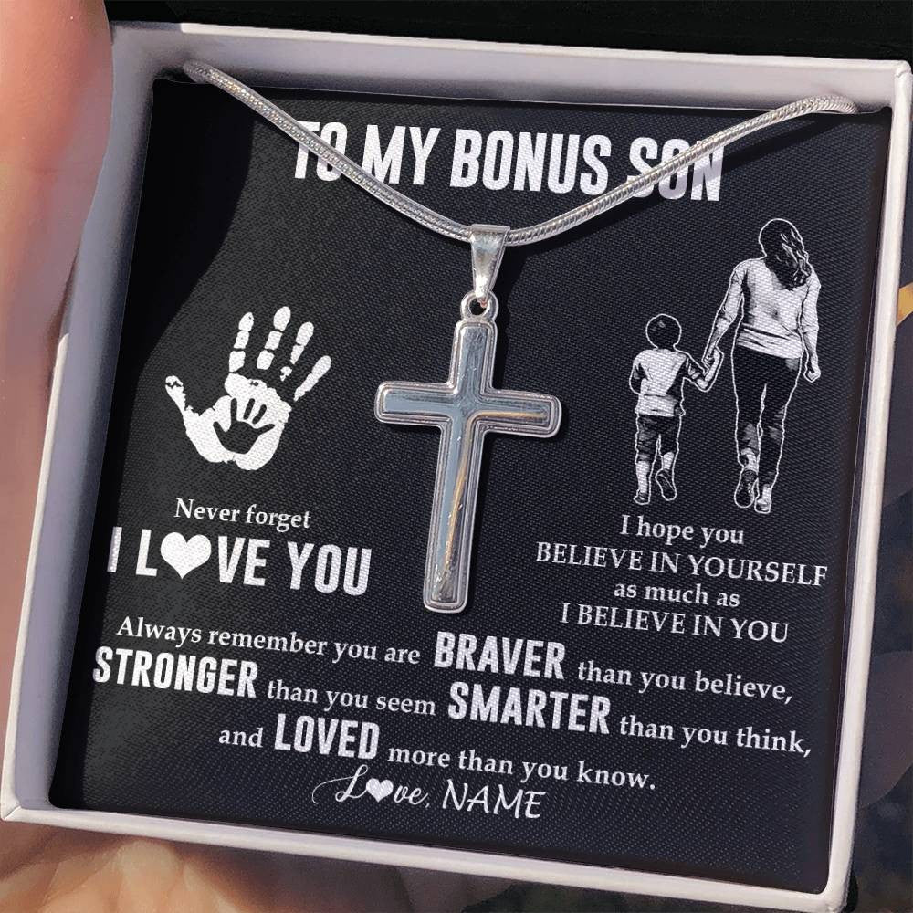Stainless Cross Necklace Stainless Steel | 2 | Personalized To My Bonus Son Necklace From Stepmom Never Forget I Love You Stepson Birthday Gifts Christmas Graduation Customized Gift Box Message Card | teecentury