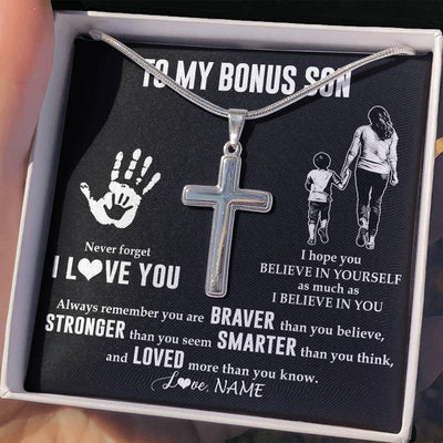 Stainless Cross Necklace Stainless Steel | 2 | Personalized To My Bonus Son Necklace From Stepmom Never Forget I Love You Stepson Birthday Gifts Christmas Graduation Customized Gift Box Message Card | teecentury