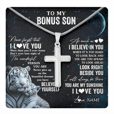 Stainless Cross Necklace Stainless Steel | 1 | Personalized To My Bonus Son Necklace From Stepmom Never Forget I Love You White Tiger Stepson Birthday Graduation Christmas Customized Gift Box Message Card | teecentury
