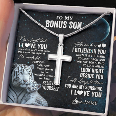 Stainless Cross Necklace Stainless Steel | 2 | Personalized To My Bonus Son Necklace From Stepmom Never Forget I Love You White Tiger Stepson Birthday Graduation Christmas Customized Gift Box Message Card | teecentury