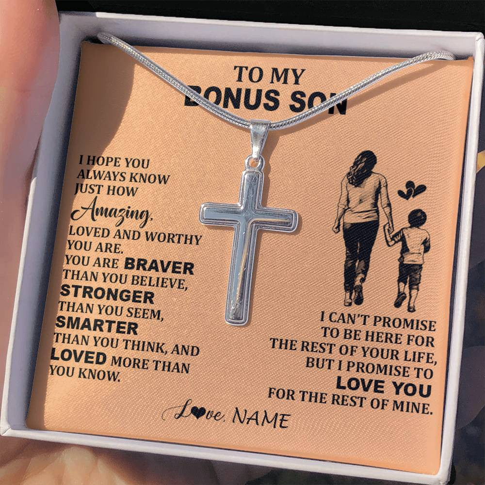 Stainless Cross Necklace Stainless Steel | 2 | Personalized To My Bonus Son Necklace From Stepmom Promise To Love You Stepson Birthday Gifts Jewelry Graduation Christmas Customized Gift Box Message Card | teecentury