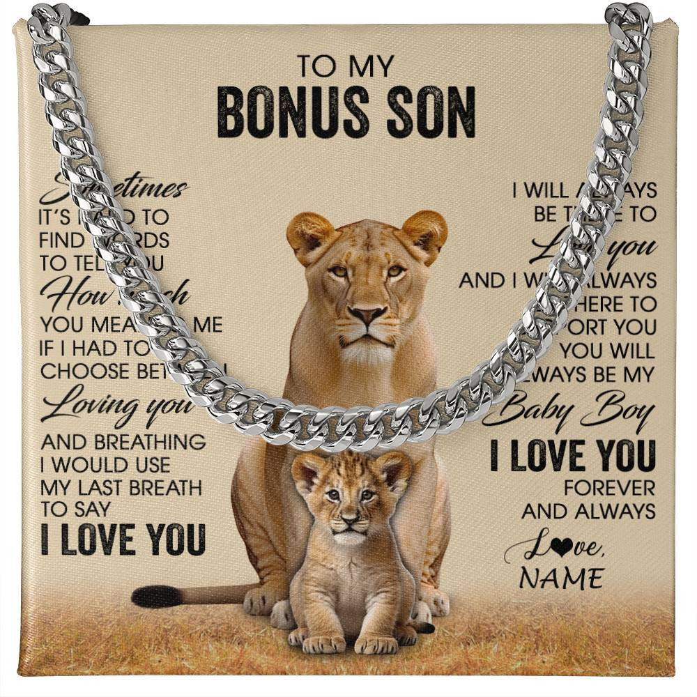 Cuban Link Chain Necklace Stainless Steel | 1 | Personalized To My Bonus Son Necklace From Stepmom Sometimes It's Hard Lion Stepson Gift Birthday Graduation Christmas Customized Gift Box Message Card | teecentury