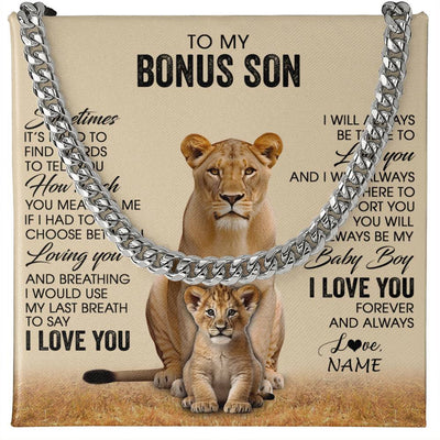 Cuban Link Chain Necklace Stainless Steel | 1 | Personalized To My Bonus Son Necklace From Stepmom Sometimes It's Hard Lion Stepson Gift Birthday Graduation Christmas Customized Gift Box Message Card | teecentury