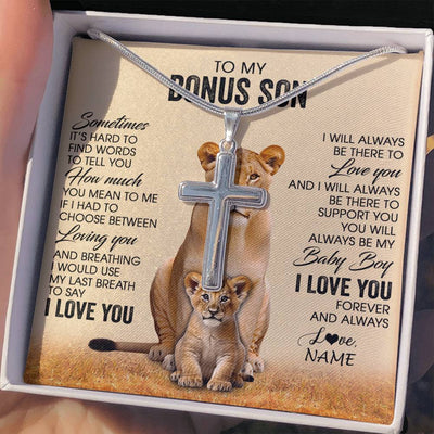 Stainless Cross Necklace Stainless Steel | 2 | Personalized To My Bonus Son Necklace From Stepmom Sometimes It's Hard Lion Stepson Gift Birthday Graduation Christmas Customized Gift Box Message Card | teecentury