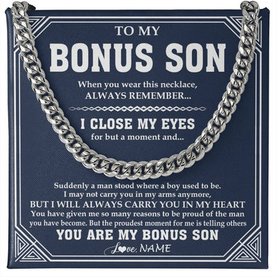 Cuban Link Chain Necklace Stainless Steel | 1 | Personalized To My Bonus Son Necklace From Stepmom Stepdad Suddenly A Man Jewelry Stepson Birthday Gifts Graduation Christmas Customized Gift Box Message Card | teecentury