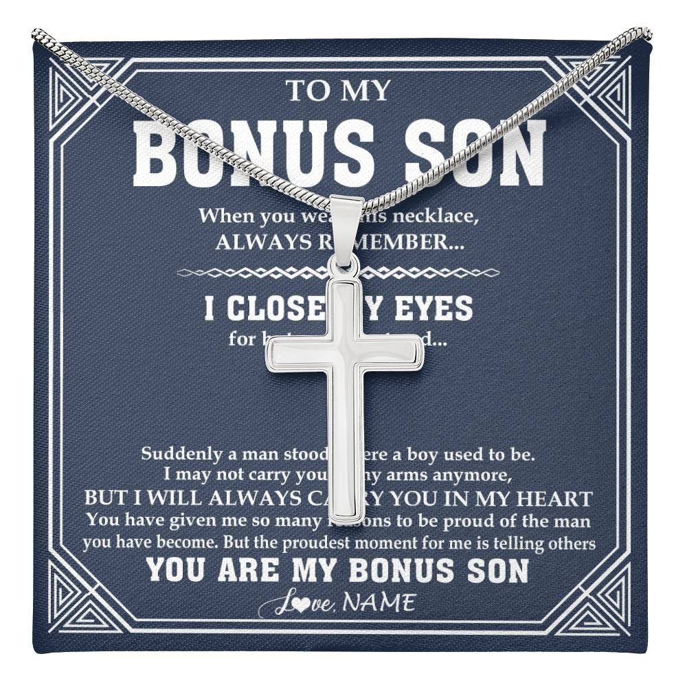 Stainless Cross Necklace Stainless Steel | 1 | Personalized To My Bonus Son Necklace From Stepmom Stepdad Suddenly A Man Jewelry Stepson Birthday Gifts Graduation Christmas Customized Gift Box Message Card | teecentury