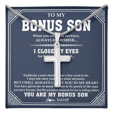 Stainless Cross Necklace Stainless Steel | 1 | Personalized To My Bonus Son Necklace From Stepmom Stepdad Suddenly A Man Jewelry Stepson Birthday Gifts Graduation Christmas Customized Gift Box Message Card | teecentury