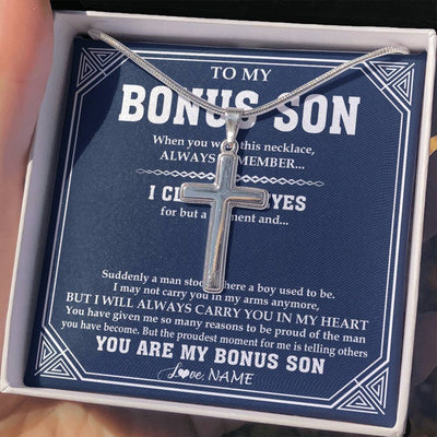 Stainless Cross Necklace Stainless Steel | 2 | Personalized To My Bonus Son Necklace From Stepmom Stepdad Suddenly A Man Jewelry Stepson Birthday Gifts Graduation Christmas Customized Gift Box Message Card | teecentury