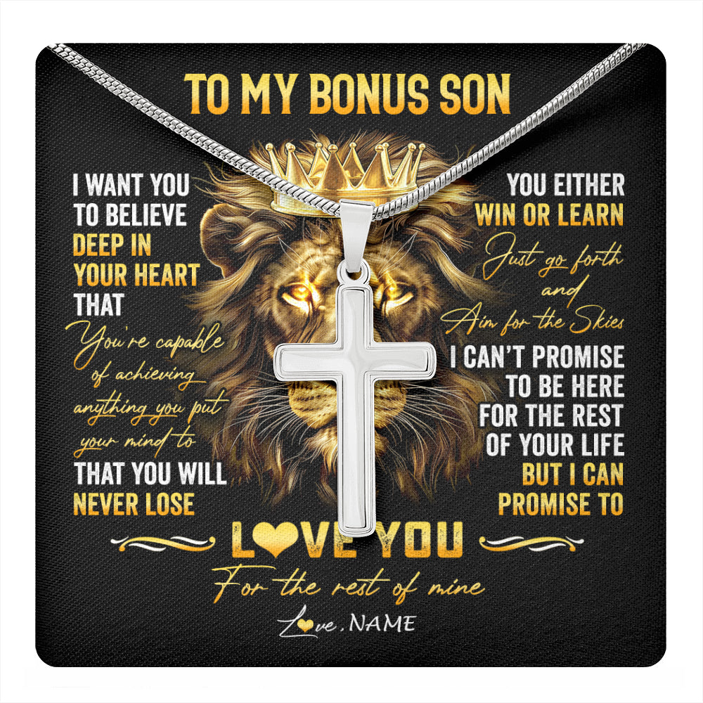 Stainless Cross Necklace Stainless Steel | 1 | Personalized To My Bonus Son Necklace From Stepmom Stepdad You Will Never Lose Lion Stepson Birthday Graduation Christmas Customized Gift Box Message Card | teecentury