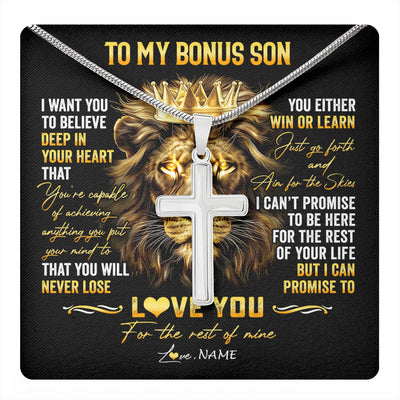Stainless Cross Necklace Stainless Steel | 1 | Personalized To My Bonus Son Necklace From Stepmom Stepdad You Will Never Lose Lion Stepson Birthday Graduation Christmas Customized Gift Box Message Card | teecentury