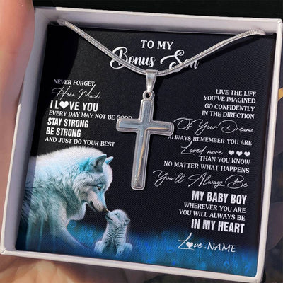 Stainless Cross Necklace Stainless Steel | 2 | Personalized To My Bonus Son Necklace From Stepmom Wolf Never Forget How Much I Love You Stepson Birthday Gifts Christmas Customized Gift Box Message Card | teecentury