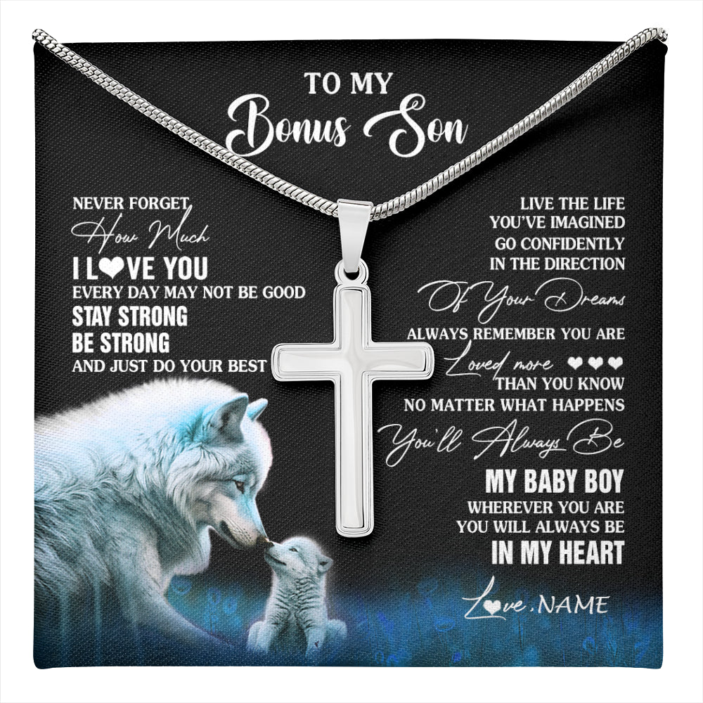 Stainless Cross Necklace Stainless Steel | 1 | Personalized To My Bonus Son Necklace From Stepmom Wolf Never Forget How Much I Love You Stepson Birthday Gifts Christmas Customized Gift Box Message Card | teecentury