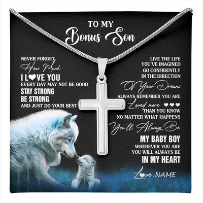 Stainless Cross Necklace Stainless Steel | 1 | Personalized To My Bonus Son Necklace From Stepmom Wolf Never Forget How Much I Love You Stepson Birthday Gifts Christmas Customized Gift Box Message Card | teecentury