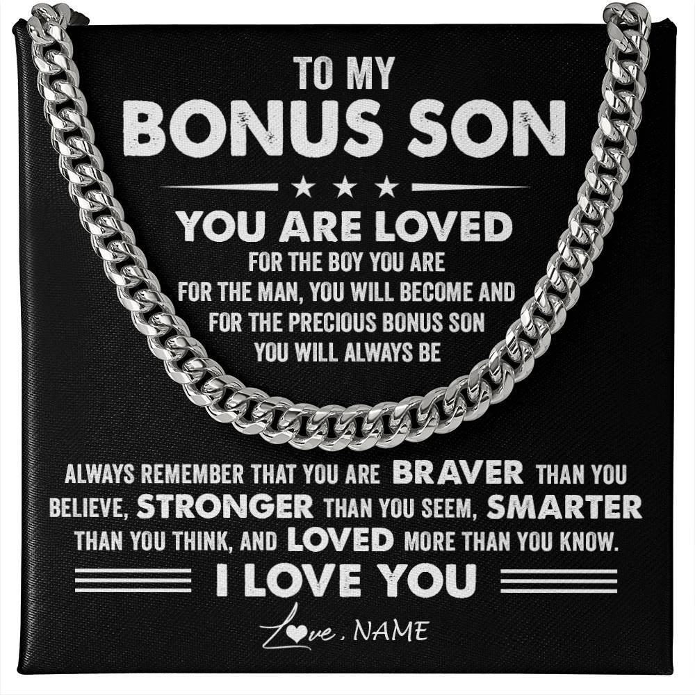 Cuban Link Chain Necklace Stainless Steel | 1 | Personalized To My Bonus Son Necklace From Stepmother Father Cuban Chain You Are Loved Stepson Birthday Graduation Christmas Customized Gift Box Message Card | teecentury