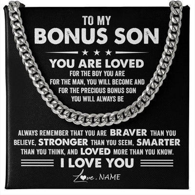 Cuban Link Chain Necklace Stainless Steel | 1 | Personalized To My Bonus Son Necklace From Stepmother Father Cuban Chain You Are Loved Stepson Birthday Graduation Christmas Customized Gift Box Message Card | teecentury