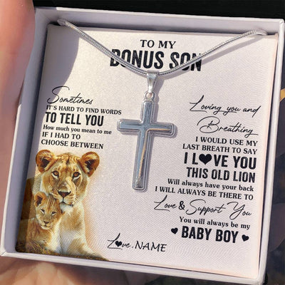 Stainless Cross Necklace Stainless Steel | 2 | Personalized To My Bonus Son Necklace From Stepmother I Love You This Old Lion Stepson Birthday Graduation Christmas Customized Gift Box Message Card | teecentury