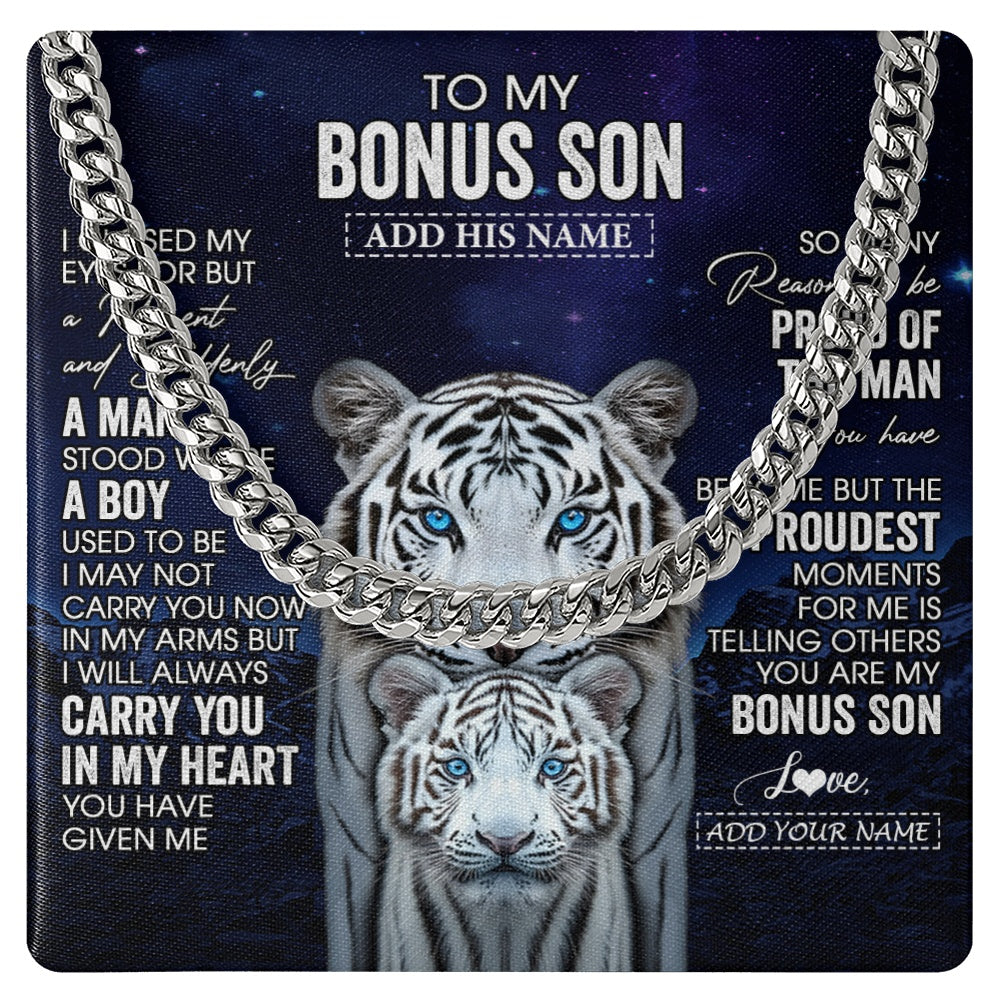 Cuban Link Chain Necklace Stainless Steel | 1 | Personalized To My Bonus Son Necklace From Stepmother Stepdad I Close My Eyes White Tiger Stepson Birthday Gift Christmas Jewelry Gift Box Message Card | https://teecentury.