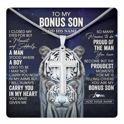 Stainless Cross Necklace Stainless Steel | 1 | Personalized To My Bonus Son Necklace From Stepmother Stepdad I Close My Eyes White Tiger Stepson Birthday Gift Christmas Jewelry Gift Box Message Card | https://teecentury.
