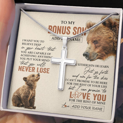 Stainless Cross Necklace Stainless Steel | 2 | Personalized To My Bonus Son Necklace From Stepmother Stepdad You Will Never Lose Bear Stepson Birthday Gifts Graduation Christmas Custom Gift Box Message Card | teecentury.myshopify