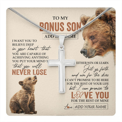 Stainless Cross Necklace Stainless Steel | 1 | Personalized To My Bonus Son Necklace From Stepmother Stepdad You Will Never Lose Bear Stepson Birthday Gifts Graduation Christmas Custom Gift Box Message Card | teecentury.myshopify