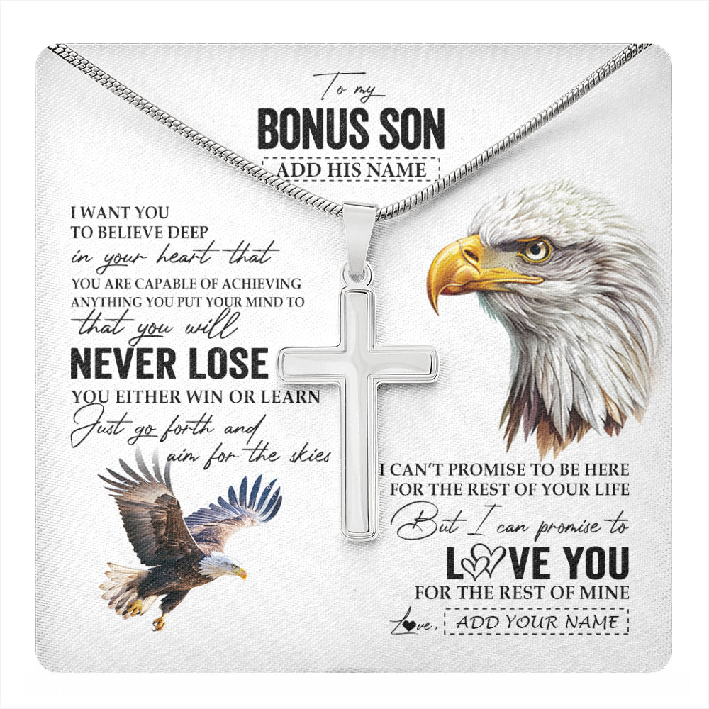 Stainless Cross Necklace Stainless Steel | 1 | Personalized To My Bonus Son Necklace From Stepmother Stepdad You Will Never Lose Eagle Stepson Birthday Gifts Graduation Christmas Gift Box Message Card | teecentury