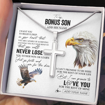 Stainless Cross Necklace Stainless Steel | 2 | Personalized To My Bonus Son Necklace From Stepmother Stepdad You Will Never Lose Eagle Stepson Birthday Gifts Graduation Christmas Gift Box Message Card | teecentury