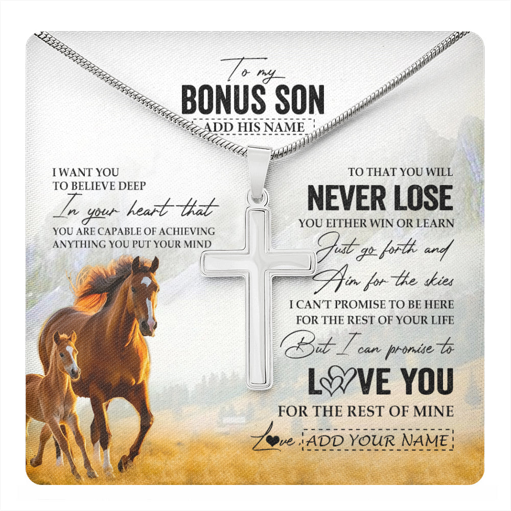 Stainless Cross Necklace Stainless Steel | 1 | Personalized To My Bonus Son Necklace From Stepmother Stepdad You Will Never Lose Horse Stepson Birthday Gifts Christmas Customized Gift Box Message Card | teecentury