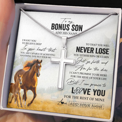 Stainless Cross Necklace Stainless Steel | 2 | Personalized To My Bonus Son Necklace From Stepmother Stepdad You Will Never Lose Horse Stepson Birthday Gifts Christmas Customized Gift Box Message Card | teecentury