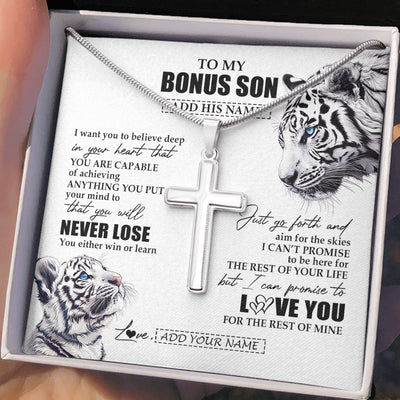 Stainless Cross Necklace Stainless Steel | 2 | Personalized To My Bonus Son Necklace From Stepmother Stepdad You Will Never Lose White Tiger Stepson Birthday Gifts Christmas Custom Gift Box Message Card | teecentury