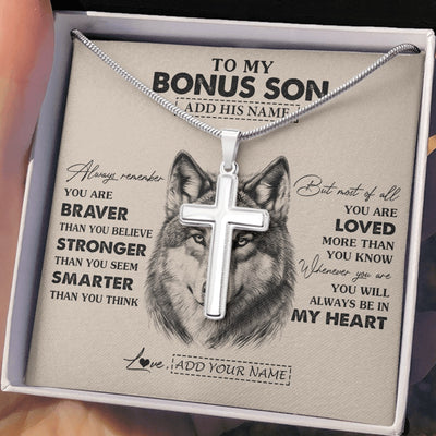 Stainless Cross Necklace Stainless Steel | 2 | Personalized To My Bonus Son Necklace From Stepmother Stepfather Wolf Braver Stronger Smarter Stepson Birthday Graduation Christmas Gift Box Message Card | teecentury.myshopify