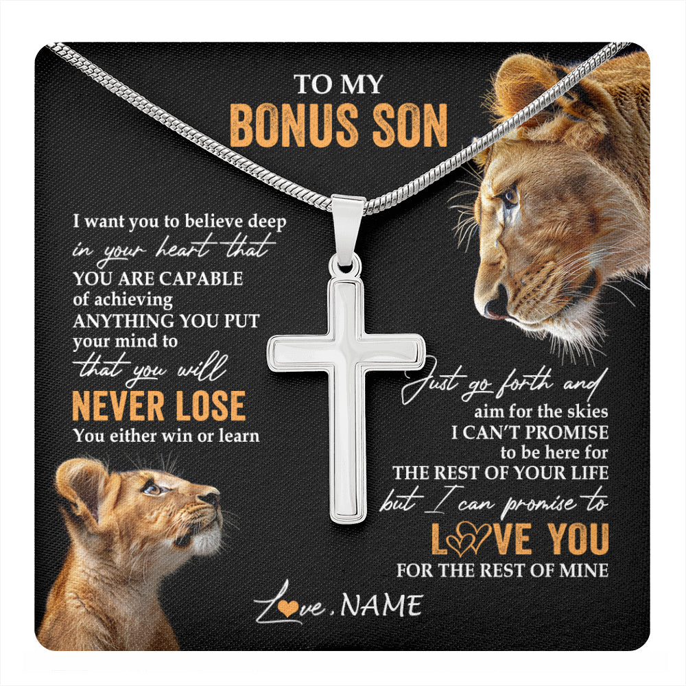 Stainless Cross Necklace Stainless Steel | 1 | Personalized To My Bonus Son Necklace From Stepmother Stepmom You Will Never Lose Lion Stepson Birthday Gifts Graduation Christmas Gift Box Message Card | teecentury