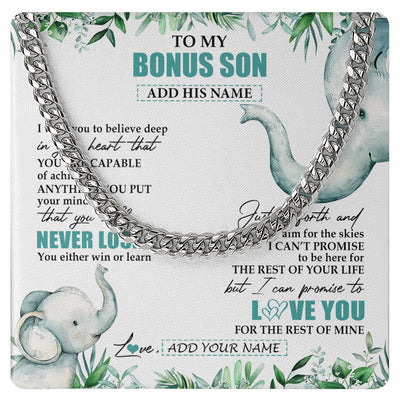 Cuban Link Chain Necklace Stainless Steel | 1 | Personalized To My Bonus Son Necklace From Stepmother You Will Never Lose Elephant Stepson Birthday Gifts Graduation Christmas Custom Gift Box Message Card | teecentury
