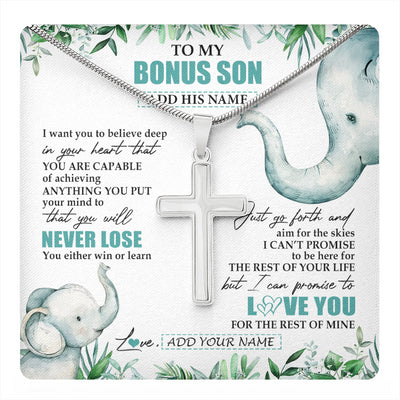 Stainless Cross Necklace Stainless Steel | 1 | Personalized To My Bonus Son Necklace From Stepmother You Will Never Lose Elephant Stepson Birthday Gifts Graduation Christmas Custom Gift Box Message Card | teecentury