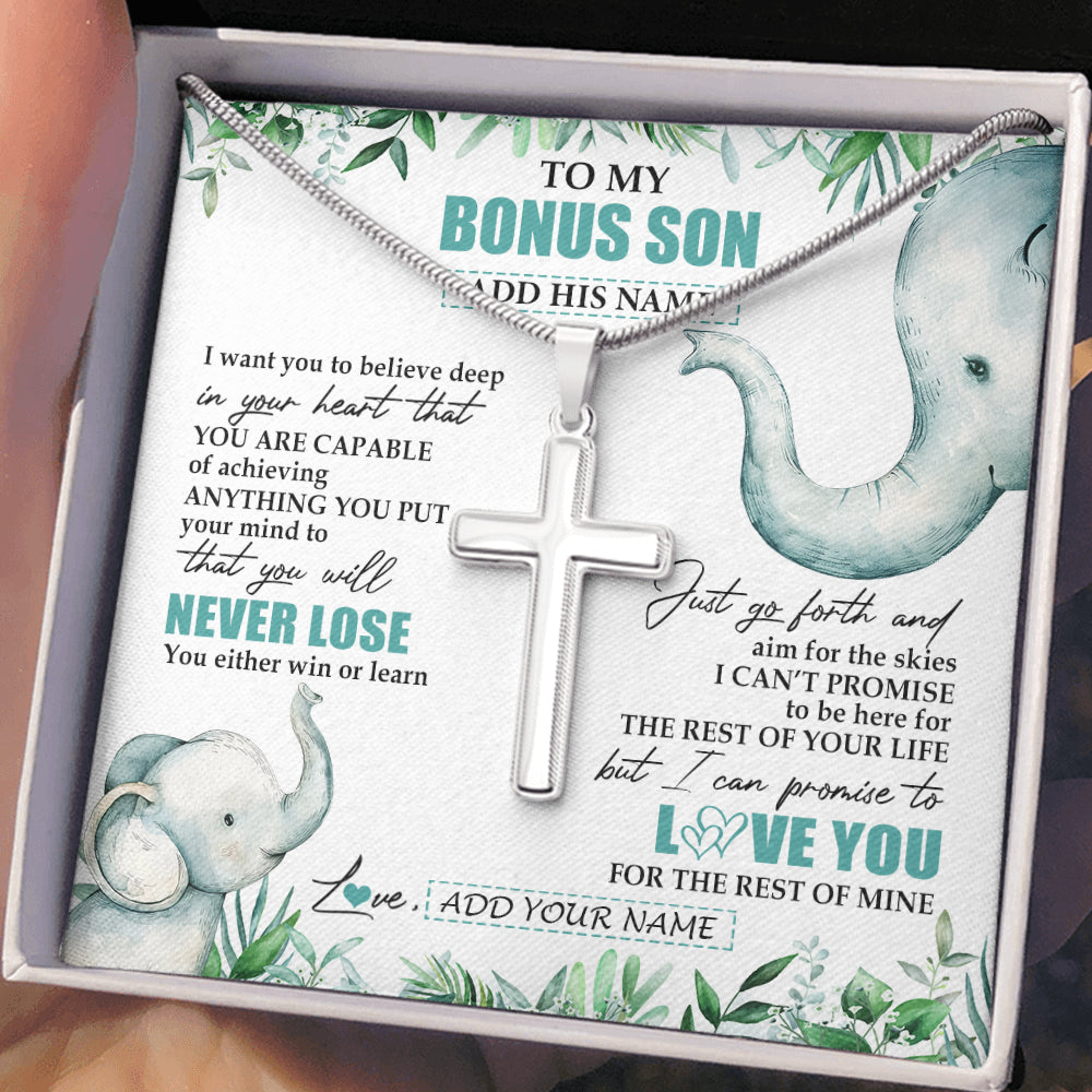 Stainless Cross Necklace Stainless Steel | 2 | Personalized To My Bonus Son Necklace From Stepmother You Will Never Lose Elephant Stepson Birthday Gifts Graduation Christmas Custom Gift Box Message Card | teecentury