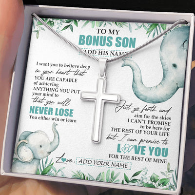 Stainless Cross Necklace Stainless Steel | 2 | Personalized To My Bonus Son Necklace From Stepmother You Will Never Lose Elephant Stepson Birthday Gifts Graduation Christmas Custom Gift Box Message Card | teecentury