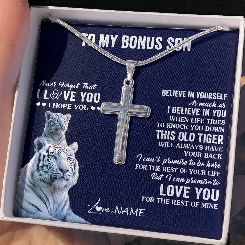Stainless Cross Necklace Stainless Steel | 2 | Personalized To My Bonus Son Necklace Gift From Stepmom This Old Tiger Love You Stepson Birthday Graduation Christmas Custom Customized Gift Box Message Card | teecentury