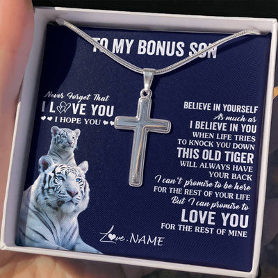 Stainless Cross Necklace Stainless Steel | 2 | Personalized To My Bonus Son Necklace Gift From Stepmom This Old Tiger Love You Stepson Birthday Graduation Christmas Custom Customized Gift Box Message Card | teecentury