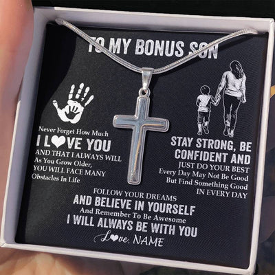 Stainless Cross Necklace Stainless Steel | 2 | Personalized To My Bonus Son Necklace I Love You Forever From Stepmom Stepson Birthday Gifts Christmas Graduation Customized Gift Box Message Card | teecentury