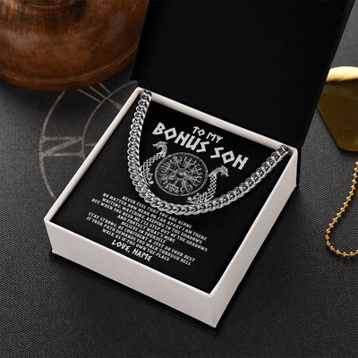 Cuban Link Chain Necklace Stainless Steel | 2 | Personalized To My Bonus Son Necklace Viking Never Feel You Are Alone Odin Scandinavian Norse Runes Stepson Birthday Christmas Customized Gift Box Message Card | teecentury
