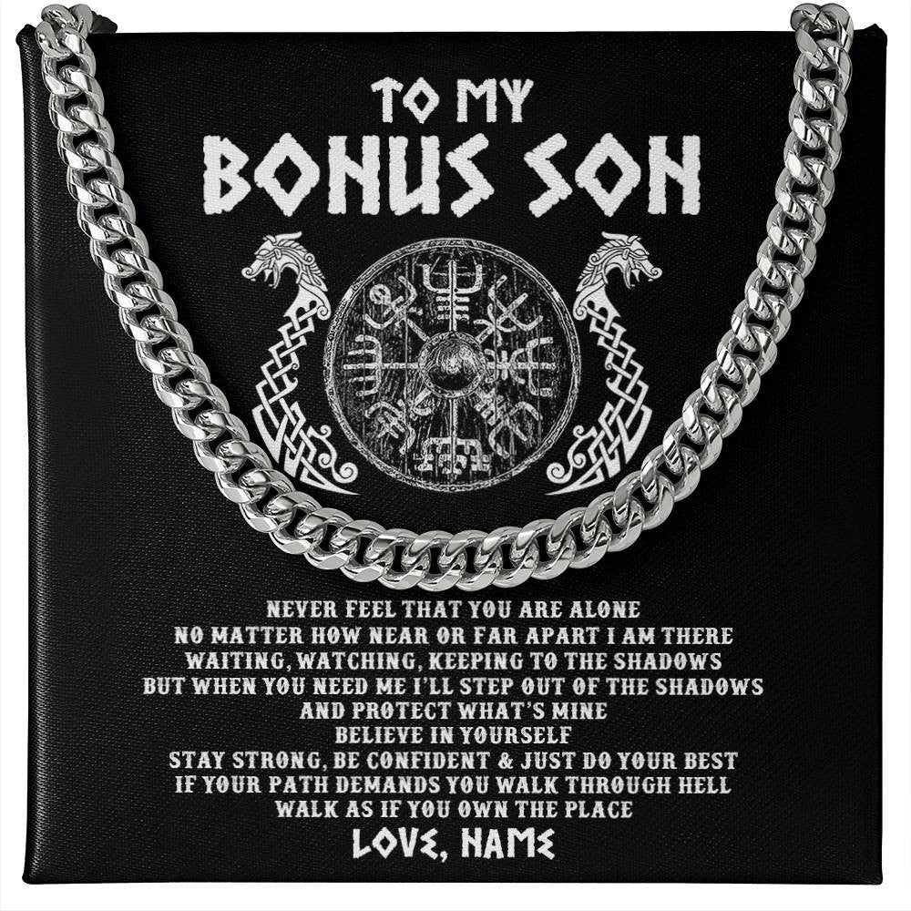 Cuban Link Chain Necklace Stainless Steel | 1 | Personalized To My Bonus Son Necklace Viking Never Feel You Are Alone Odin Scandinavian Norse Runes Stepson Birthday Christmas Customized Gift Box Message Card | teecentury