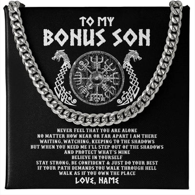 Cuban Link Chain Necklace Stainless Steel | 1 | Personalized To My Bonus Son Necklace Viking Never Feel You Are Alone Odin Scandinavian Norse Runes Stepson Birthday Christmas Customized Gift Box Message Card | teecentury