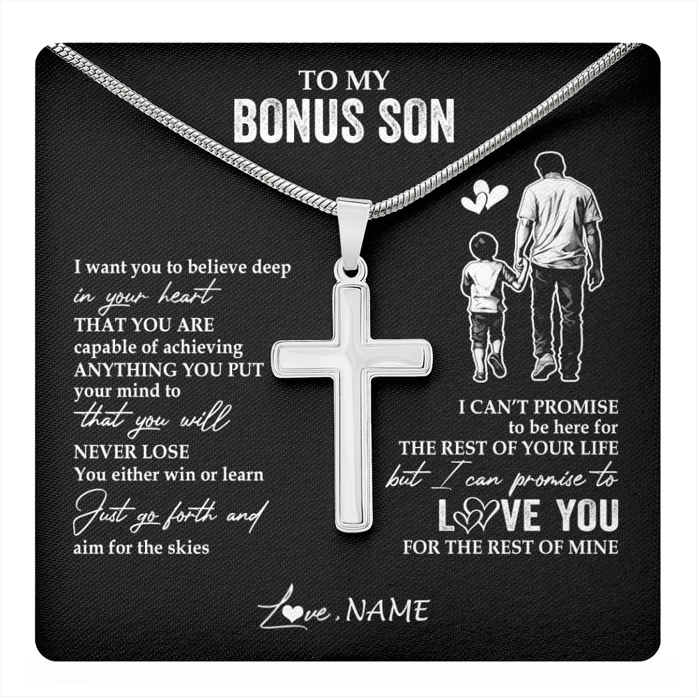 Stainless Cross Necklace Stainless Steel | 1 | Personalized To My Bonus Son Necklace You Will Never Lose From Bonus Dad Stepfather Stepson Birthday Gifts Graduation Christmas Gift Box Message Card | teecentury